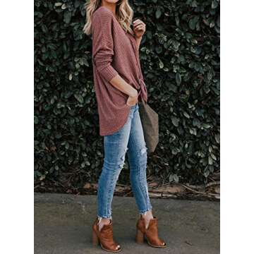 MIHOLL Womens Loose Blouse Long Sleeve V Neck Button Down T Shirts Tie Front Knot Casual Tops (Small, Z- Red)