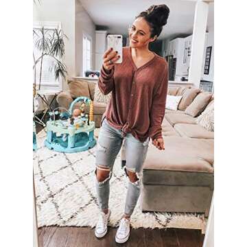 MIHOLL Womens Loose Blouse Long Sleeve V Neck Button Down T Shirts Tie Front Knot Casual Tops (Small, Z- Red)