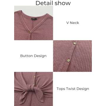 MIHOLL Womens Loose Blouse Long Sleeve V Neck Button Down T Shirts Tie Front Knot Casual Tops (Small, Z- Red)
