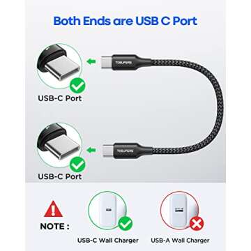 TOSUPERS 1ft, 2 Pack Short USB C to USB C Cable Fast Charging 60W, PD Type C Charger Cord for iPhone...