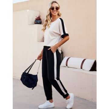 CiCiBird Women Casual Basic Lounge Set Comfy Soft Sweatsuit Set Cozy Jogger Set Short Sleeve Top Sweat Pants with Pockets