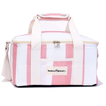 Business & Pleasure Co. Holiday Cooler Bag - Cute Vintage Lunch Bag - Perfect for Beach Days & Picnics - Keeps Food Fresh & Drinks Cold - Insulated Leakproof Lining, 13L - Pink Crew Stripe