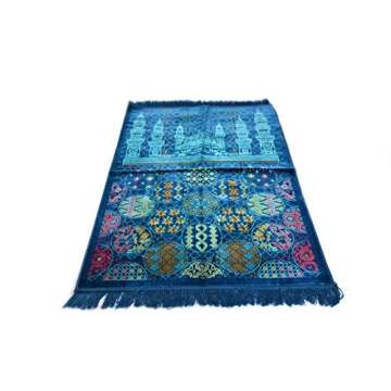 Al Arabia Muslim Prayer Rug - Made from Embossed Velvet - Features Special Medina Design & Fringes On Both Sides - Portable Islamic Prayer Mat for Ramadan & Special Occasions, 44 x 27, Blue