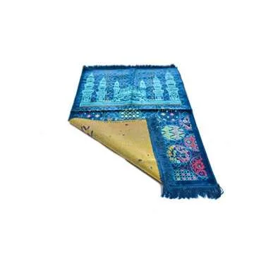Al Arabia Muslim Prayer Rug - Made from Embossed Velvet - Features Special Medina Design & Fringes On Both Sides - Portable Islamic Prayer Mat for Ramadan & Special Occasions, 44 x 27, Blue