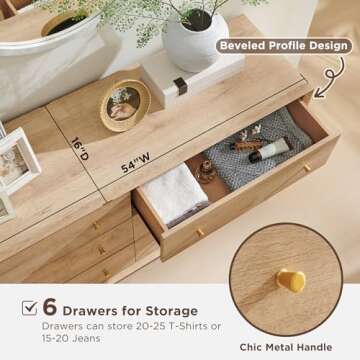 RedLemon 6 Drawer Dresser, 54" Wide Mid Century Modern Chest of Drawers, Beveled Profile Design, Woo...