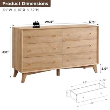 RedLemon 6 Drawer Dresser, 54" Wide Mid Century Modern Chest of Drawers, Beveled Profile Design, Wood Drawer Organizer for Bedroom, Living Room, Hallway, Natural Oak Color