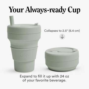 STOJO Titan Collapsible Travel Cup With Straw - Sage Green, 24oz / 710ml - Reusable To-Go Pocket Siz...