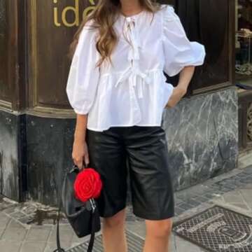 Front Tie Tops for Women Leopard Print Babydoll Peplum Top Puff Sleeve Coquette Tops 3/4 Sleeve Cute Summer Tops