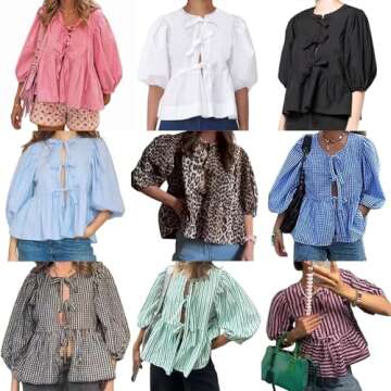 Front Tie Tops for Women Leopard Print Babydoll Peplum Top Puff Sleeve Coquette Tops 3/4 Sleeve Cute Summer Tops