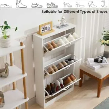 HOPUBUY Shoe Cabinet for Entryway, White Narrow Shoe Storage Cabinet Flip Down Shoe Rack Wood 3 Tier Shoe Organizer for Home and Apartment
