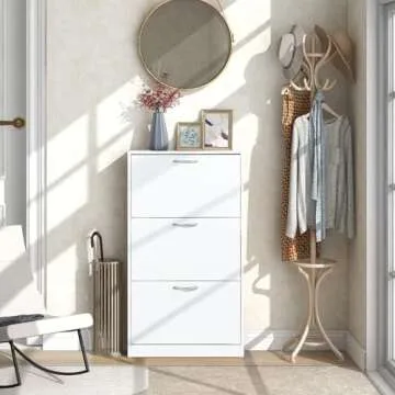 HOPUBUY Shoe Cabinet for Entryway, White Narrow Shoe Storage Cabinet Flip Down Shoe Rack Wood 3 Tier Shoe Organizer for Home and Apartment