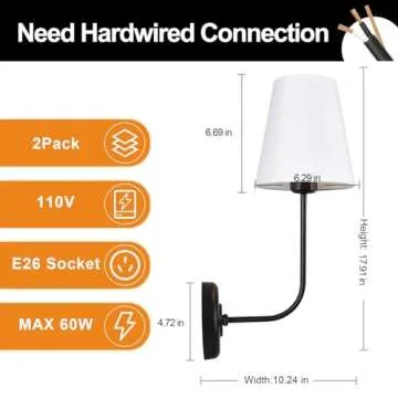 Passica Decor Hardwired Wall Sconces Set of 2 Pack Vintage Industrial Wall Light Fixture with Flared White Fabric Shade for Dining Room Living Room Bedrooms Bedside Reading Farmhouse
