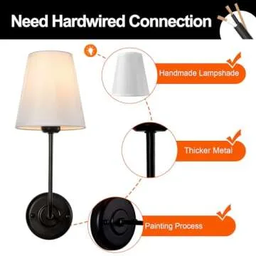 Passica Decor Hardwired Wall Sconces Set of 2 Pack Vintage Industrial Wall Light Fixture with Flared White Fabric Shade for Dining Room Living Room Bedrooms Bedside Reading Farmhouse