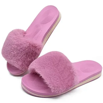 COFACE Womens Slides Fuzzy House Slippers for Women Open Toe Fluffy Slippers With Arch Support Plantar Fasciitis Orthotic Slippers Women House Shoes Indoor Size 8