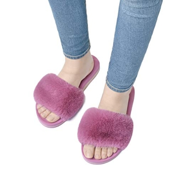 COFACE Womens Slides Fuzzy House Slippers for Women Open Toe Fluffy Slippers With Arch Support Plantar Fasciitis Orthotic Slippers Women House Shoes Indoor Size 8