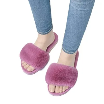 COFACE Womens Slides Fuzzy House Slippers for Women Open Toe Fluffy Slippers With Arch Support Plantar Fasciitis Orthotic Slippers Women House Shoes Indoor Size 8