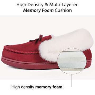 HomeIdeas Women's Faux Fur Lined Suede Moccasin Memory Foam House Slippers, Fuzzy Warm Indoor Outdoor Plush Bedroom Shoes (Size 8 B(M) US, Wine)