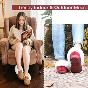 HomeIdeas Women's Faux Fur Lined Suede Moccasin Memory Foam House Slippers, Fuzzy Warm Indoor Outdoor Plush Bedroom Shoes (Size 8 B(M) US, Wine)