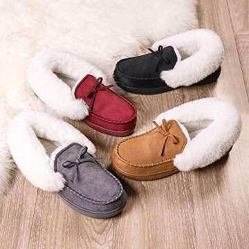 HomeIdeas Women's Faux Fur Lined Suede Moccasin Memory Foam House Slippers, Fuzzy Warm Indoor Outdoor Plush Bedroom Shoes (Size 8 B(M) US, Wine)