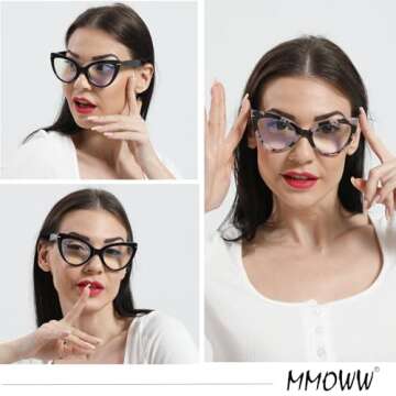 MMOWW Cat Eye Reading Glasses for Women Fashion Cute Blue Light Blocking Readers 4 Pack, Black/Brown...