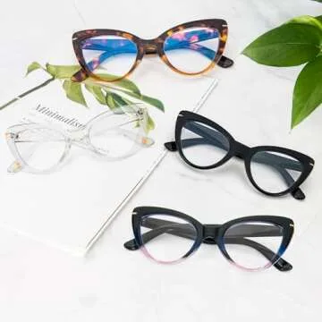 MMOWW Cat Eye Reading Glasses for Women Fashion Cute Blue Light Blocking Readers 4 Pack, Black/Brown Tortoise/Blue Pink/Transparent +2.75