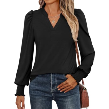 ANRABESS Women's Puff Sleeve V Neck Long Sleeve Tops - Trendy Casual Blouses 2024