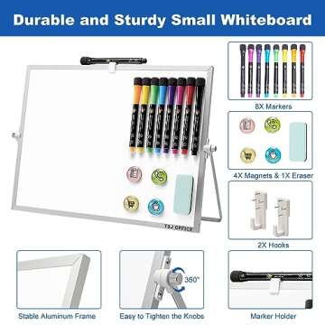 TSJ OFFICE Dry Erase White-Board - 16 X 12 Inches Double Sided Small Magnetic Whiteboard with Hooks for Wall, Portable Mini Desktop Whiteboard 360 Degrees Revolving Stand for Office, Home, School
