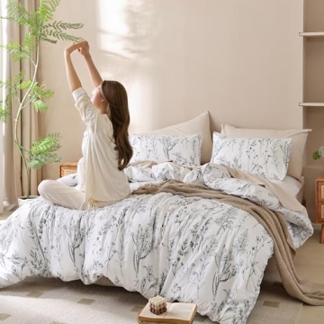 JANZAA Queen Comforter Set White Comforter Floral Bedding Sets 3 Pieces Flowers Bed Comforter 1 Soft Reversible Cute Botanical with 2 Pillow Shams