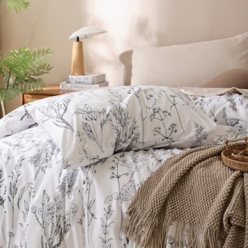 JANZAA Queen Comforter Set White Comforter Floral Bedding Sets 3 Pieces Flowers Bed Comforter 1 Soft Reversible Cute Botanical with 2 Pillow Shams