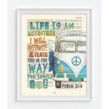 Life Is An Adventure, I Will Instruct and Teach You in the Way You Should Go, Psalm 32:8, Christian Unframed Art Print, Classic Vintage Antique Van Bible Verse Scripture Gift, 8x10 inches