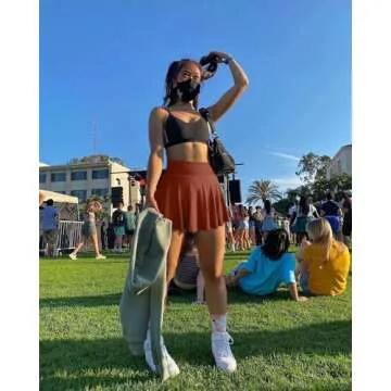 OQQ Women 2 Piece Skirts 2 in 1 Flowy Basic Versatile Stretchy Flared Casual Mini Skirts Black Caramel