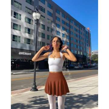 OQQ Women 2 Piece Skirts 2 in 1 Flowy Basic Versatile Stretchy Flared Casual Mini Skirts Black Caramel