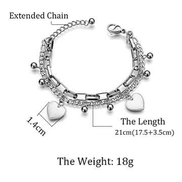 kelistom 316L Stainless Steel Love Heart Charm Bracelet for Women Romantic Gift Silver/Rose/18k Gold...