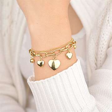 kelistom 316L Stainless Steel Love Heart Charm Bracelet for Women Romantic Gift Silver/Rose/18k Gold Plated OT Clasp Bracelets (3-heart white)