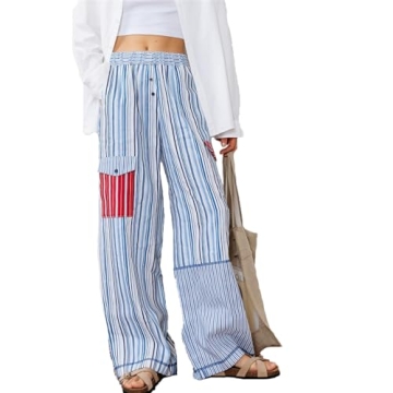 Women Y2K Casual Baggy Palazzo Pants Aesthetic Patchwork Striped High Waist Wide Leg Pants Vintage G...