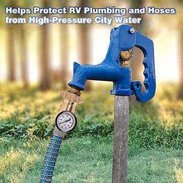 Hourleey Brass RV Water Pressure Regulator, Hi-Flow RV Water Regulator with Filter Screen and Gauge for Campers, Travel Trailers, RV Plumbing System