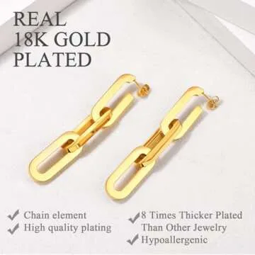 Elegant 18K Gold Plated Paperclip Chain Earrings for Women