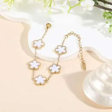 TICVSS Van Cleef Four Leaf Clover Bracelet for Women 18K Gold Plated White Lucky 4 Leaf Link Bracelet Jewelry Gift for Women