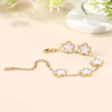 TICVSS Van Cleef Four Leaf Clover Bracelet for Women 18K Gold Plated White Lucky 4 Leaf Link Bracelet Jewelry Gift for Women