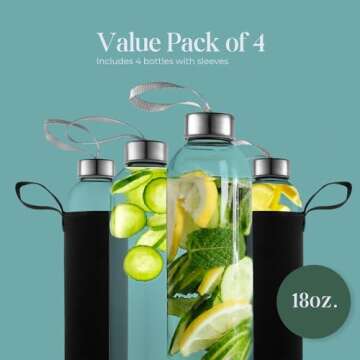 Eco-Friendly Kitchen Lux 18oz Glass Water Bottles - 4 Pack