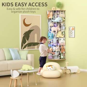 Eniffbaa Stuffed Animal Storage for Plushie Toys - Large Wood Corner Hanging Pet Storage with Sky Pattern, Length Adjustable Toy Organizer Shelf for Nursery Play Room Bedroom Kid Room