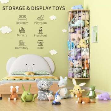 Eniffbaa Stuffed Animal Storage for Plushie Toys - Large Wood Corner Hanging Pet Storage with Sky Pattern, Length Adjustable Toy Organizer Shelf for Nursery Play Room Bedroom Kid Room