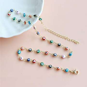 Long tiantian Evil Eye Necklace for Women Evil Eye Choker for Womens Lucky Jewelry (Gold colorful eye necklace)