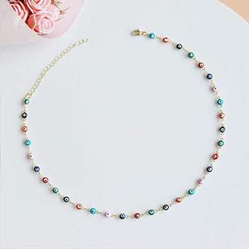 Long tiantian Evil Eye Necklace for Women Evil Eye Choker for Womens Lucky Jewelry (Gold colorful eye necklace)