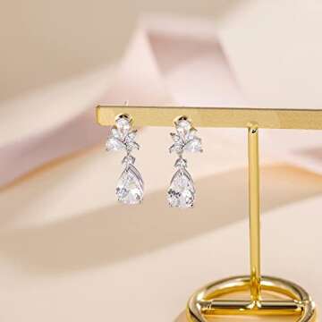 EAMTI Silver Dangle Cubic Zirconia Bridal Earrings