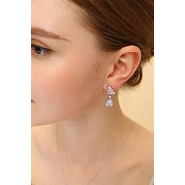 EAMTI Silver Dangle Cubic Zirconia Bridal Earrings