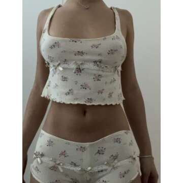 Faretumiya Women Y2k Loungewear Sets 2 Piece Floral Shorts Outfit Strappy Low Cut Camis High Waist Shorts Sets Cute Streetwear（apricot，Small）