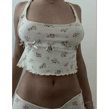 Faretumiya Women Y2k Loungewear Sets 2 Piece Floral Shorts Outfit Strappy Low Cut Camis High Waist Shorts Sets Cute Streetwear（apricot，Small）