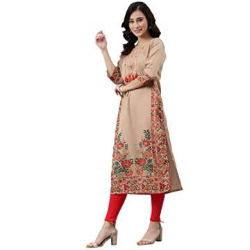 Elegant Janasya Beige Kurta for Women | Floral Printed Fashion