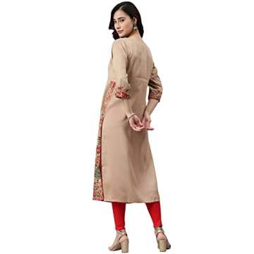 Elegant Janasya Beige Kurta for Women | Floral Printed Fashion